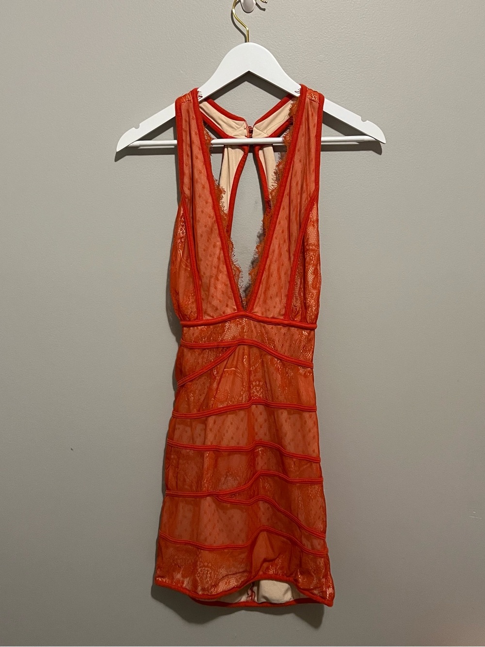 bebe Orange Floral Lace Mesh Bodycon Mini Dress Open Back V-Neck Size L